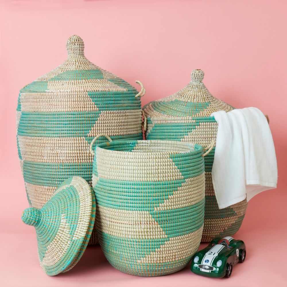 Decorative Wicker Baskets with Lid & Handles, Laundry Hamper, Blanket Storage, Toy Bin, African Woven, Hood Lid, Turquoise White, Set of 3