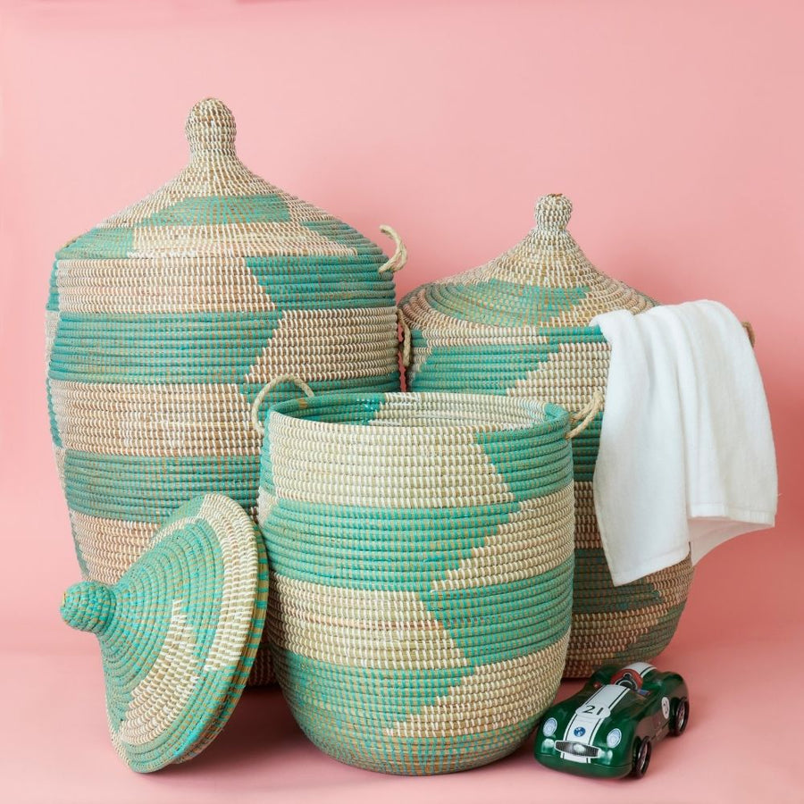 Decorative Wicker Baskets with Lid & Handles, Laundry Hamper, Blanket Storage, Toy Bin, African Woven, Hood Lid, Turquoise White, Set of 3
