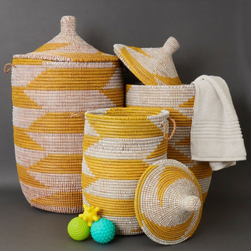 22" Large Woven Storage Basket Set Yellow Hooded Lid