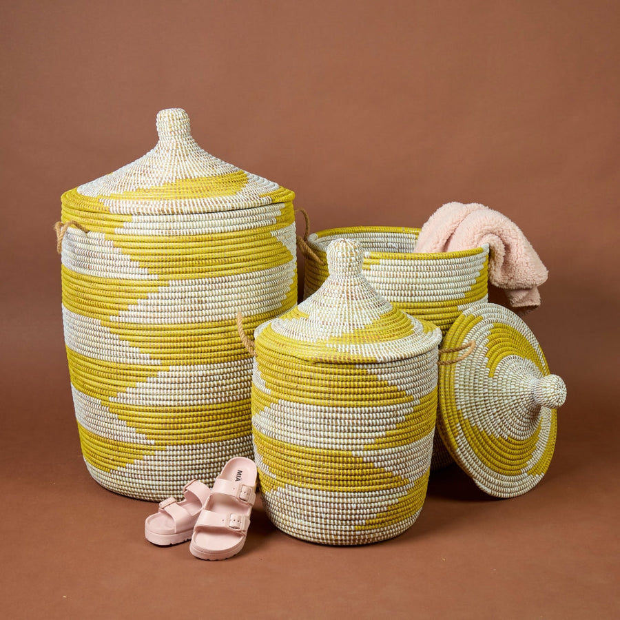 Decorative Wicker Baskets with Lid & Handles, Laundry Hamper, Blanket Storage, Toy Bin, African Woven, Hood Lid, Yellow White, Set of 3