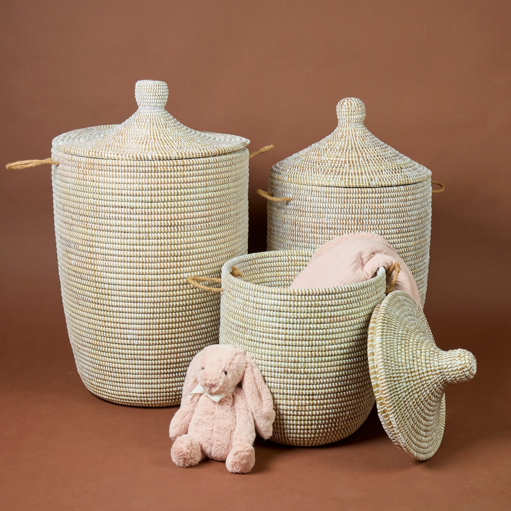 Decorative Wicker Baskets with Lid & Handles, Laundry Hamper, Blanket Storage, Toy Bin, African Woven, Hood Lid, White, Set of 3