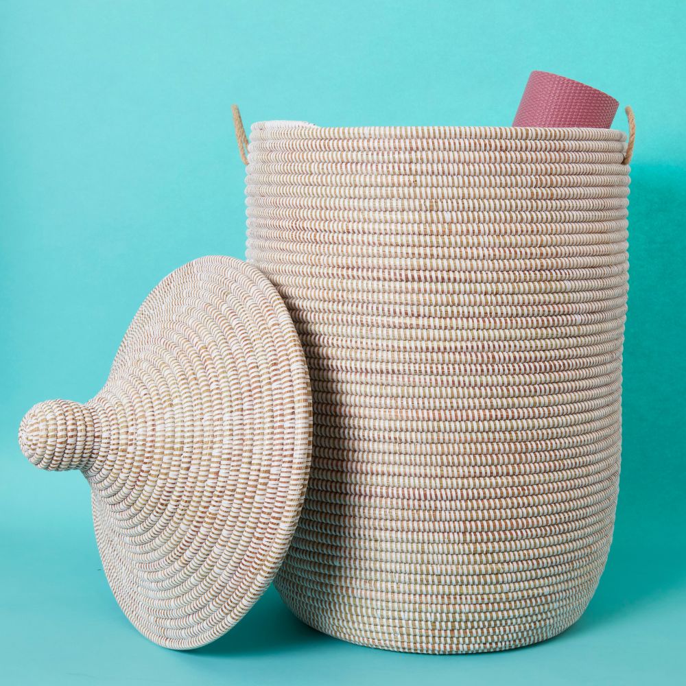 Decorative Wicker Basket with Lid & Handles, Laundry Hamper, Blanket Storage, Toy Bin, African Woven, Hood Lid, White, Large Size