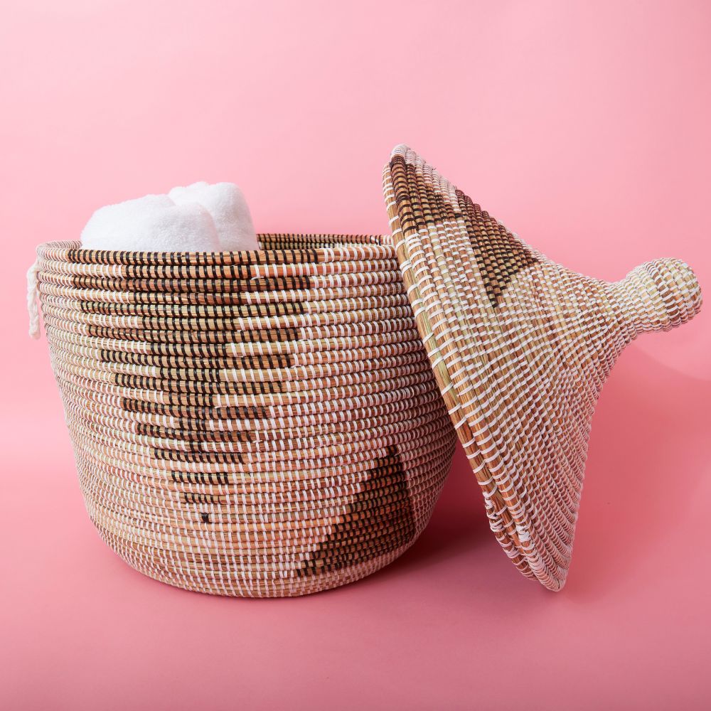 Decorative African Basket with Lid and Handles, 15" Wide, 19" Tall