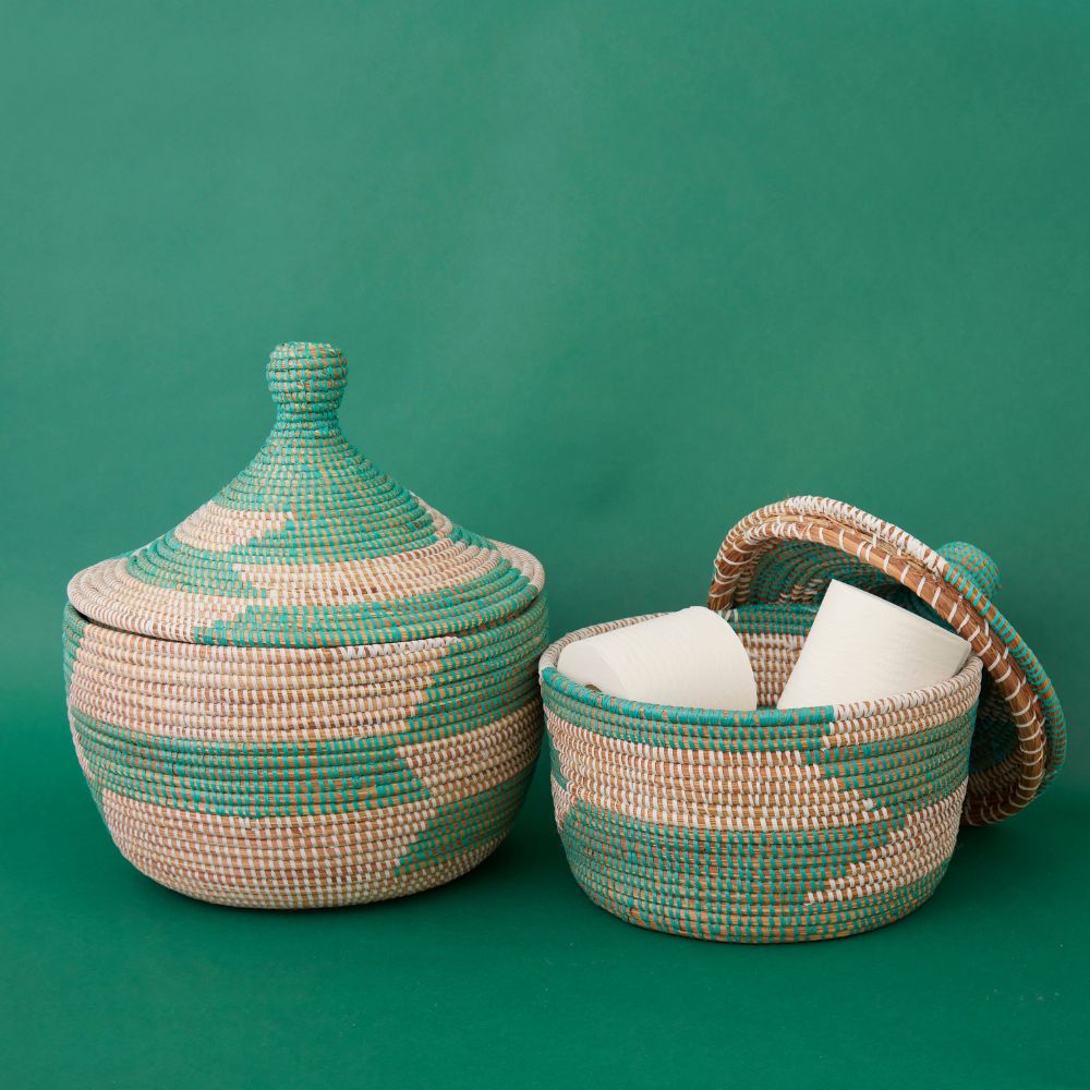 Decorative Wicker Storage for Living Room, Small Shelf Baskets, African Woven, Hood Lid, Turquoise White, Set of 2
