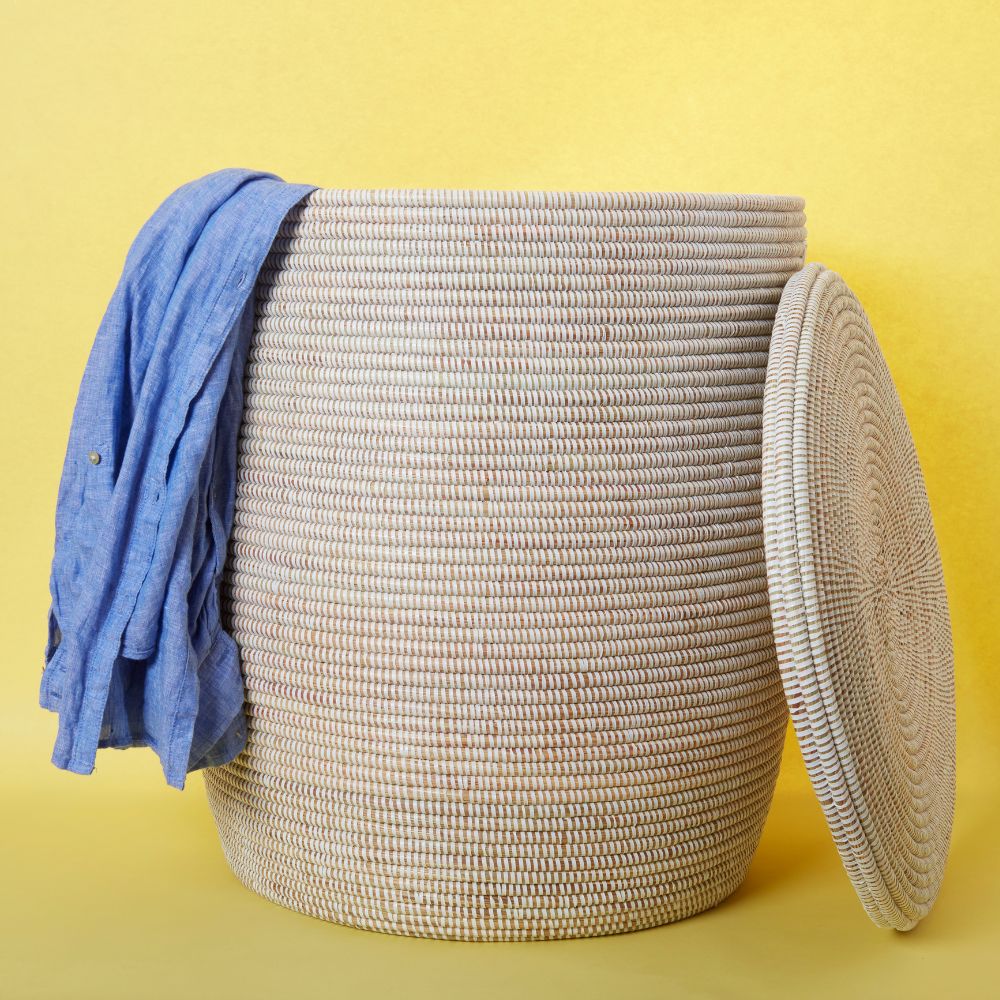 Decorative Wicker Basket with Lid & Handles, Laundry Hamper, Blanket Storage, Toy Bin, African Woven, Flat Lid, White, Large Size