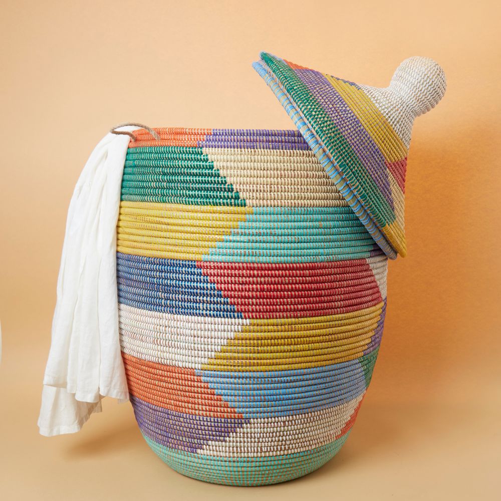 Decorative Wicker Basket with Lid & Handles, Laundry Hamper, Blanket Basket, Toy Storage, African Woven, Hood Lid, Colorful, Extra Large Size
