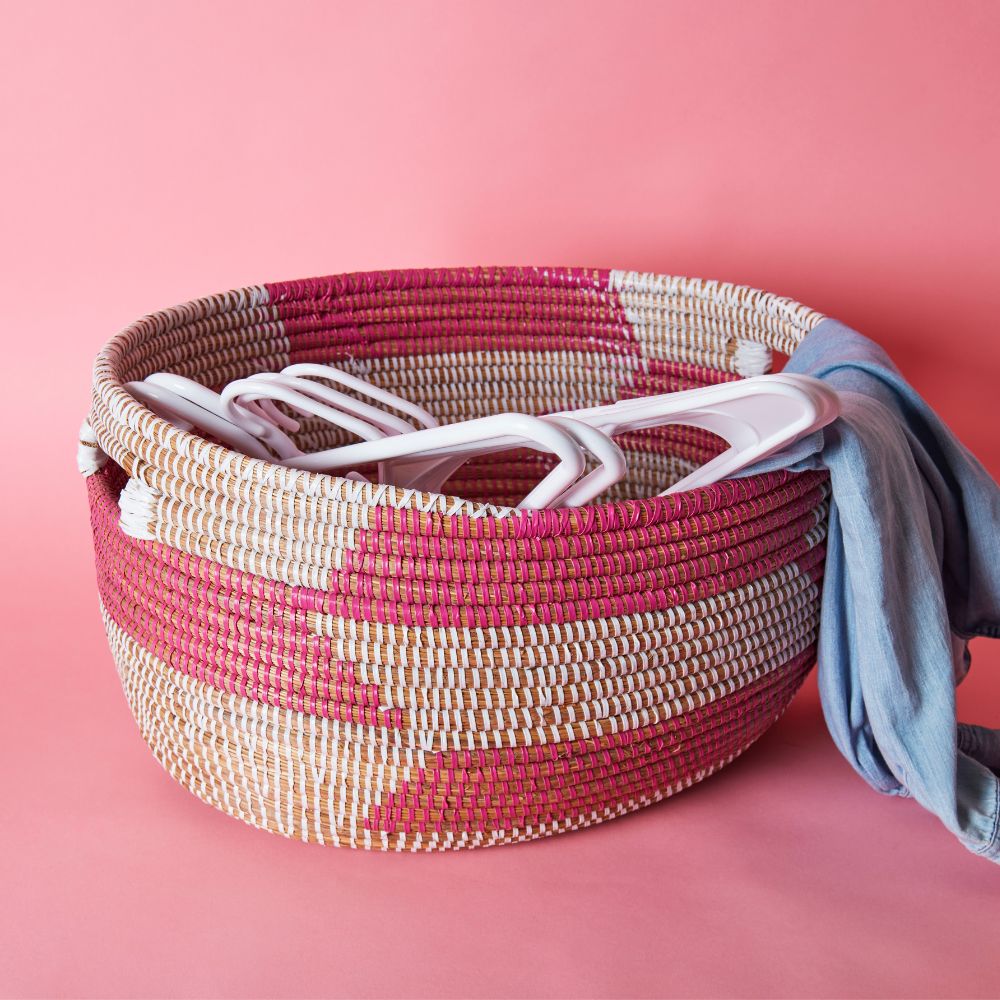 Decorative Wicker Bin, Shelf Basket, Throw Basket, Toy Storage, African Woven, Pink, Large Size