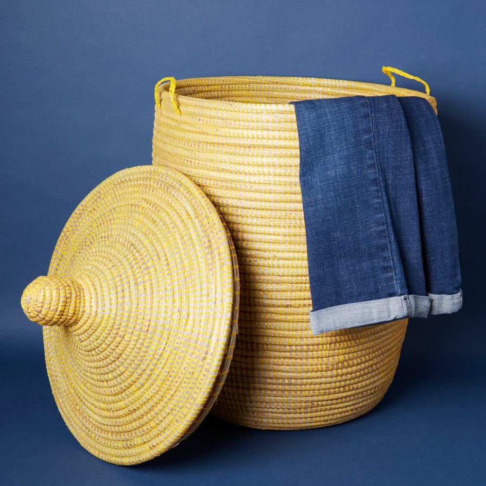 Decorative Wicker Basket with Lid & Handles, Laundry Hamper, Blanket Storage, Toy Bin, African Woven, Hood Lid, Yellow, Medium Size