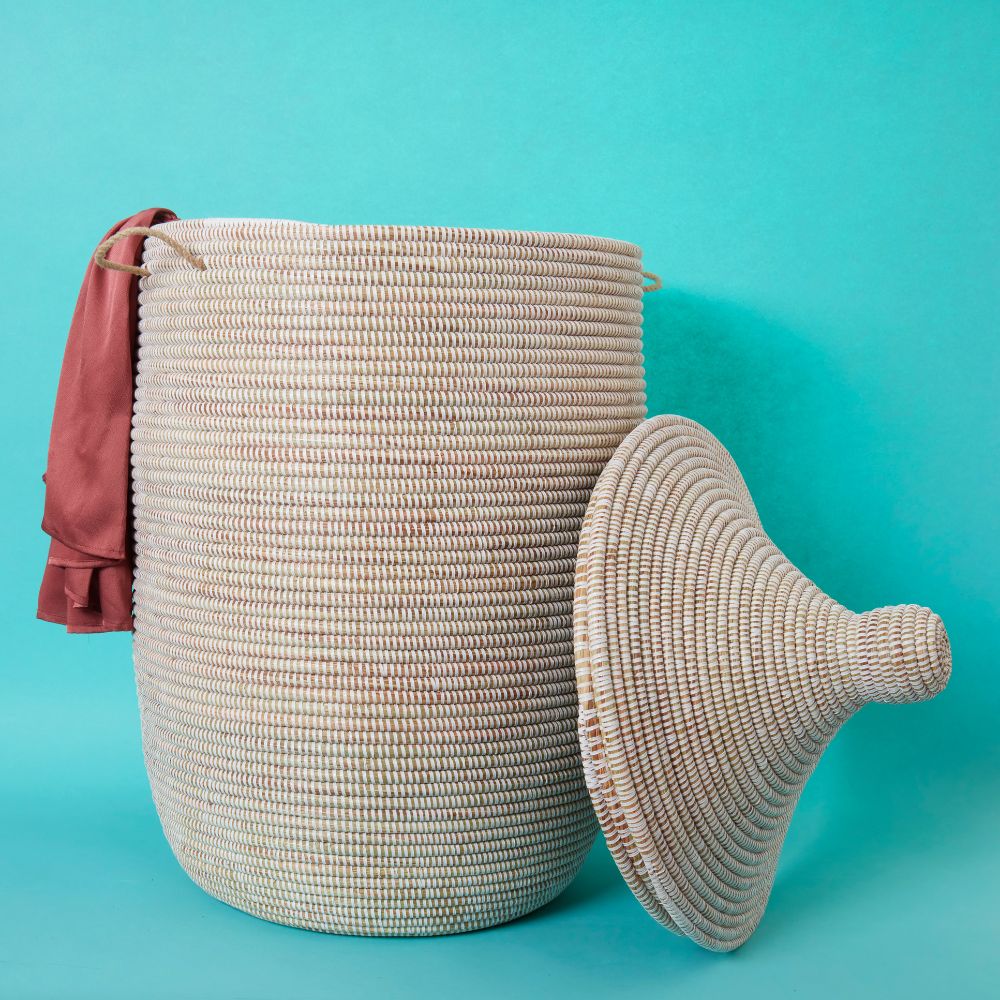Decorative Wicker Basket with Lid & Handles, Laundry Hamper, Blanket Storage, Toy Bin, African Woven, Hood Lid, White, Extra Large Size