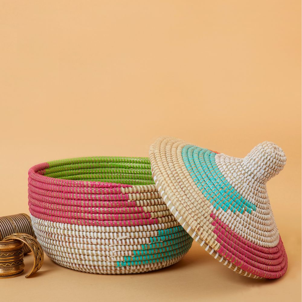 Decorative Wicker Storage for Living Room, Mini Shelf Baskets, Entryway Keys Dish, Coffee Table Remotes Bin,  African Woven, Hood Lid, Colorful
