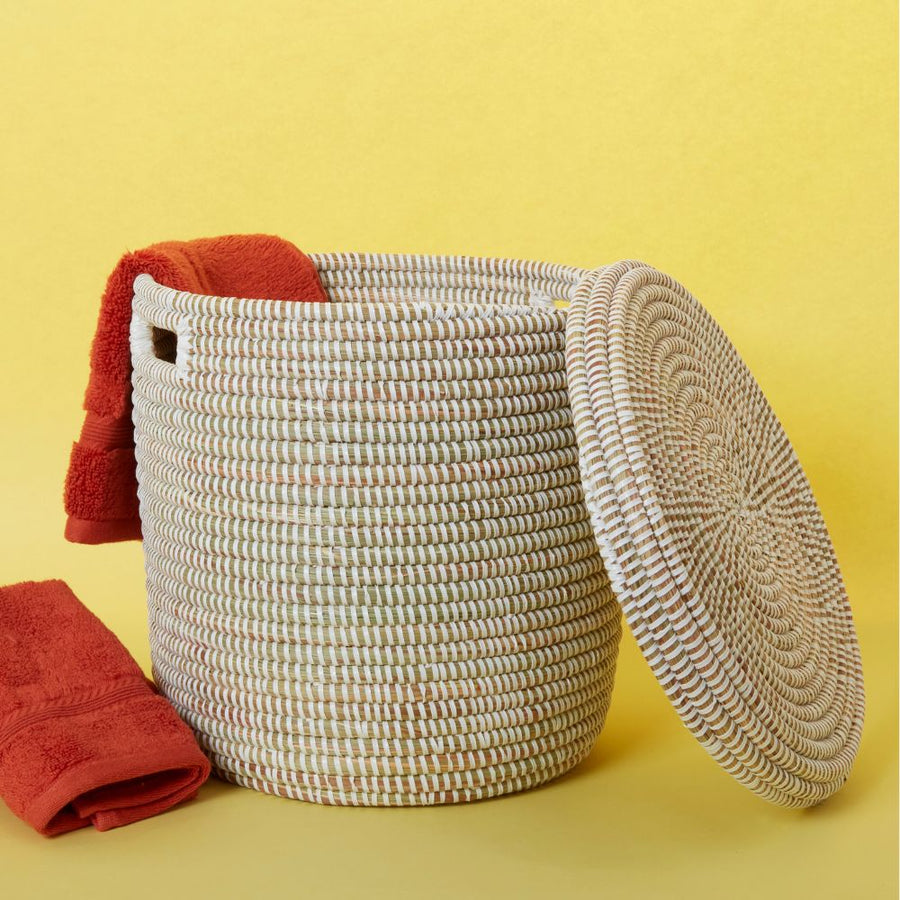 Decorative Wicker Storage, Shelf Basket, African Woven, Flat Lid, White, Small Size
