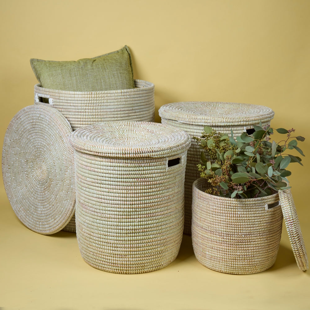 Decorative Wicker Basket with Lid & Handles, Laundry Hamper, Blanket Storage, Toy Bin, African Woven, Flat Lid, White, Set of 4