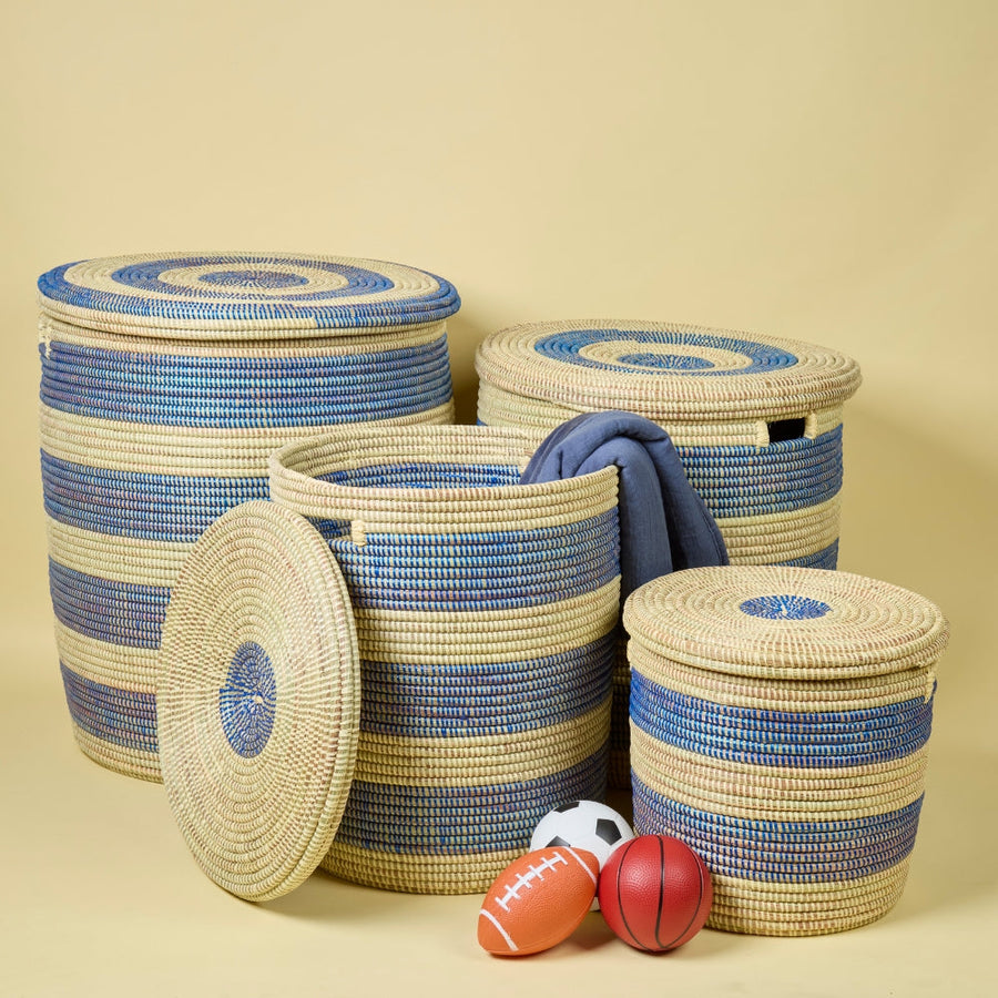 Decorative Wicker Basket with Lid & Handles, Laundry Hamper, Blanket Storage, Toy Bin, African Woven, Flat Lid, Blue Beige Stripes, Set of 4