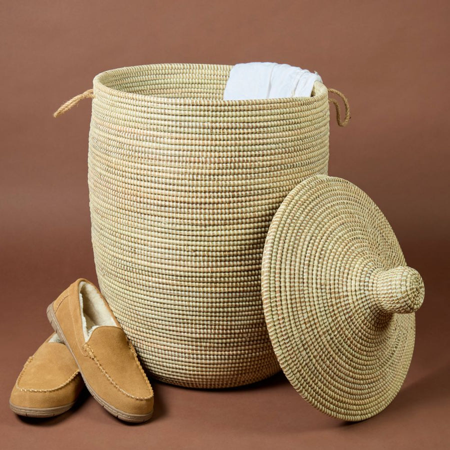 Decorative Wicker Basket with Lid & Handles, Laundry Hamper, Blanket Storage, Toy Bin, African Woven, Hood Lid, Beige, Large Size