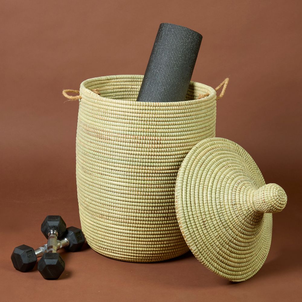 Decorative Wicker Basket with Lid & Handles, Laundry Hamper, Blanket Storage, Toy Bin, African Woven, Hood Lid, Beige, Medium Size