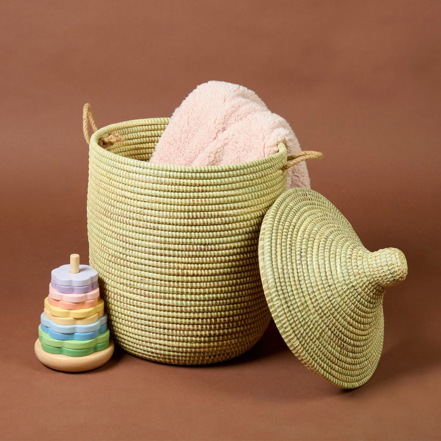 Decorative Wicker Basket with Lid & Handles, Clothes Hamper, Nursery Basket, Toy Storage, African Woven, Hood Lid, Beige, Small Size