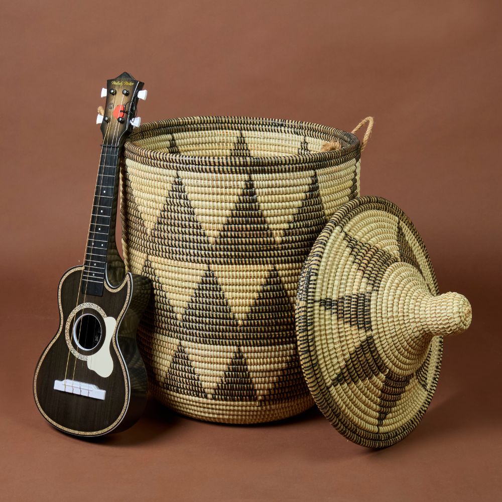 Decorative Wicker Basket with Lid & Handles, Laundry Hamper, Blanket Storage, Toy Bin, African Woven, Hood Lid, Beige Black Triangles, Medium Size