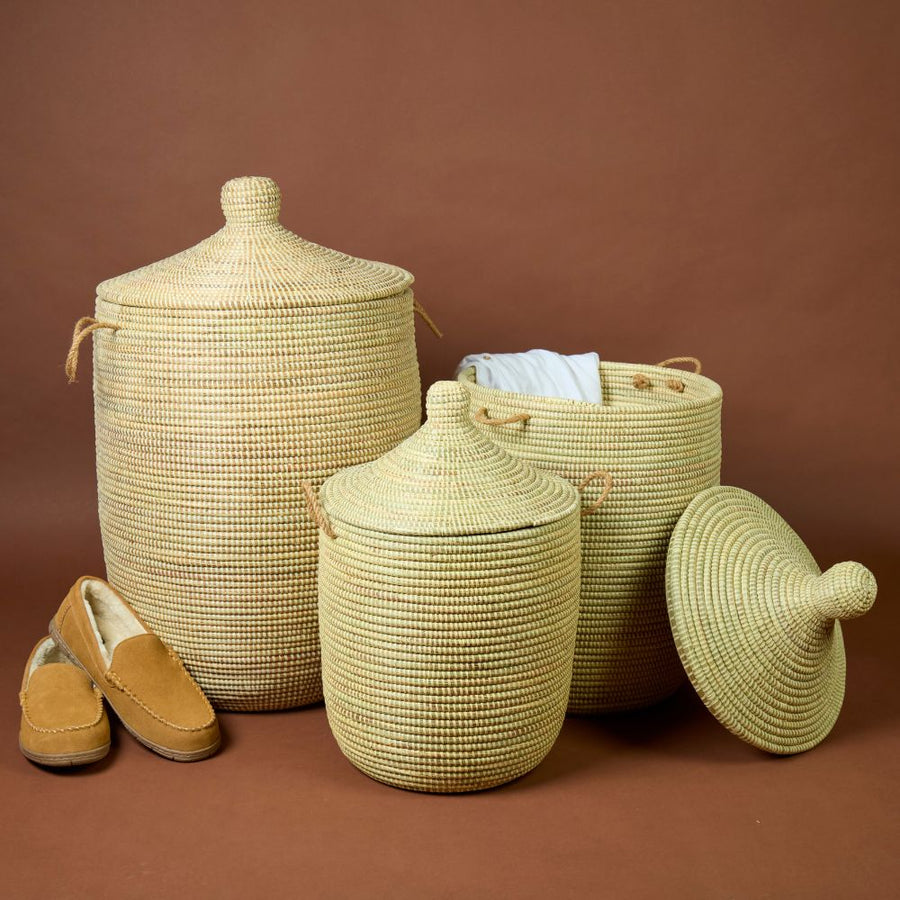 Decorative Wicker Baskets with Lid & Handles, Laundry Hamper, Blanket Storage, Toy Bin, African Woven, Hood Lid, Beige, Set of 3
