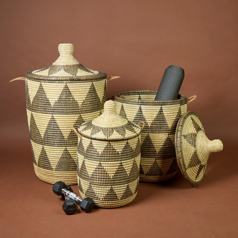 Decorative Wicker Baskets with Lid & Handles, Laundry Hamper, Blanket Storage, Toy Bin, African Woven, Hood Lid, Black Triangles, Set of 3
