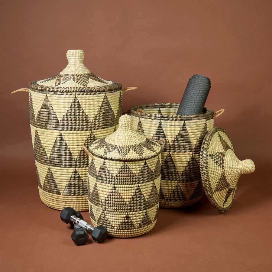 Decorative Wicker Baskets with Lid & Handles, Laundry Hamper, Blanket Storage, Toy Bin, African Woven, Hood Lid, Black Triangles, Set of 3