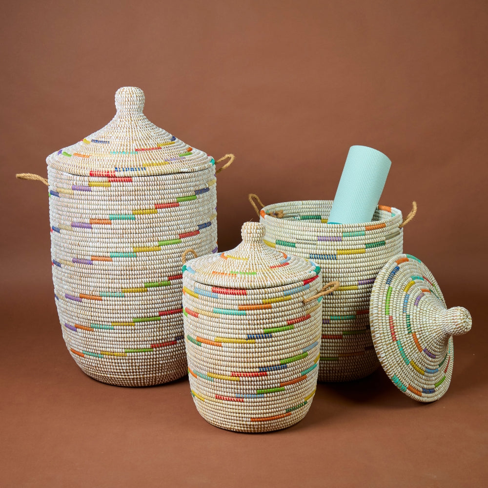 Decorative Wicker Baskets with Lid & Handles, Laundry Hamper, Blanket Storage, Toy Bin, African Woven, Hood Lid, White Colorful, Set of 3