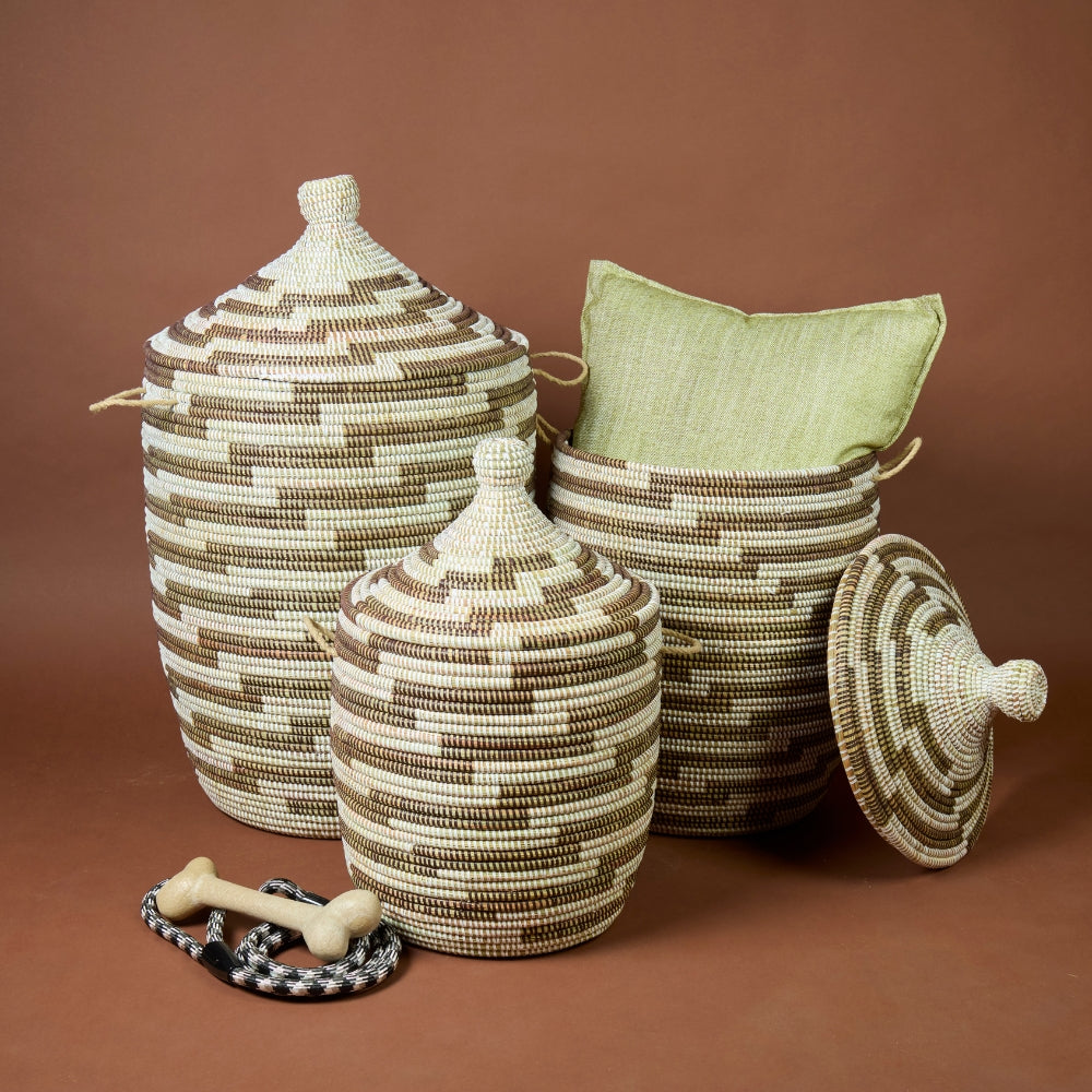 Decorative Wicker Baskets with Lid & Handles, Laundry Hamper, Blanket Storage, Toy Bin, African Woven, Hood Lid, White Brown, Set of 3