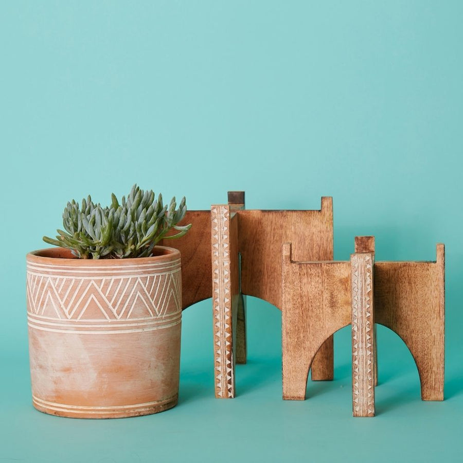 Short Etched Wood Plant Stand