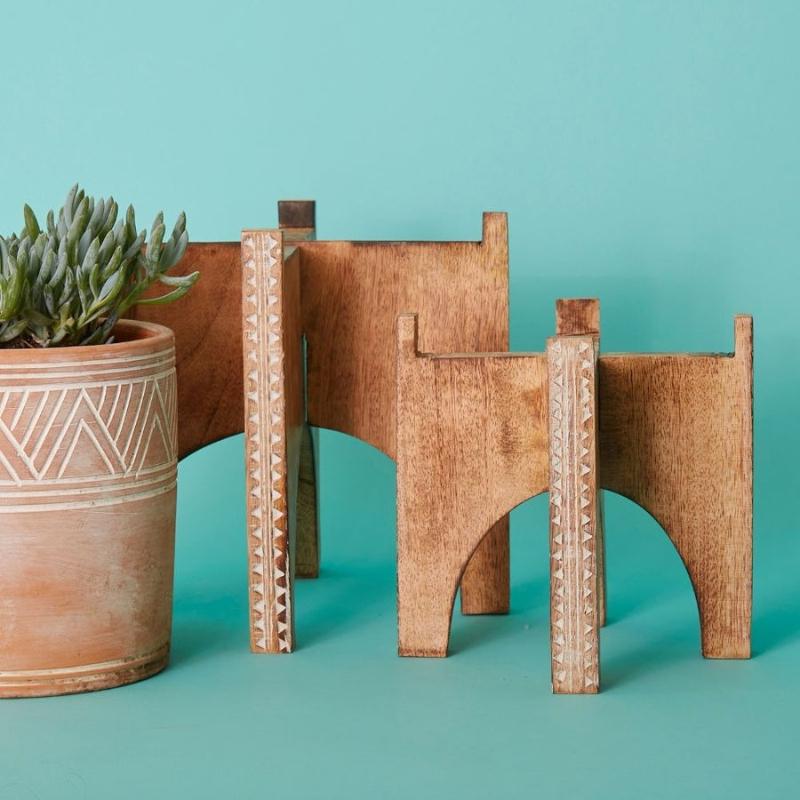 Tall Etched Wood Plant Stand