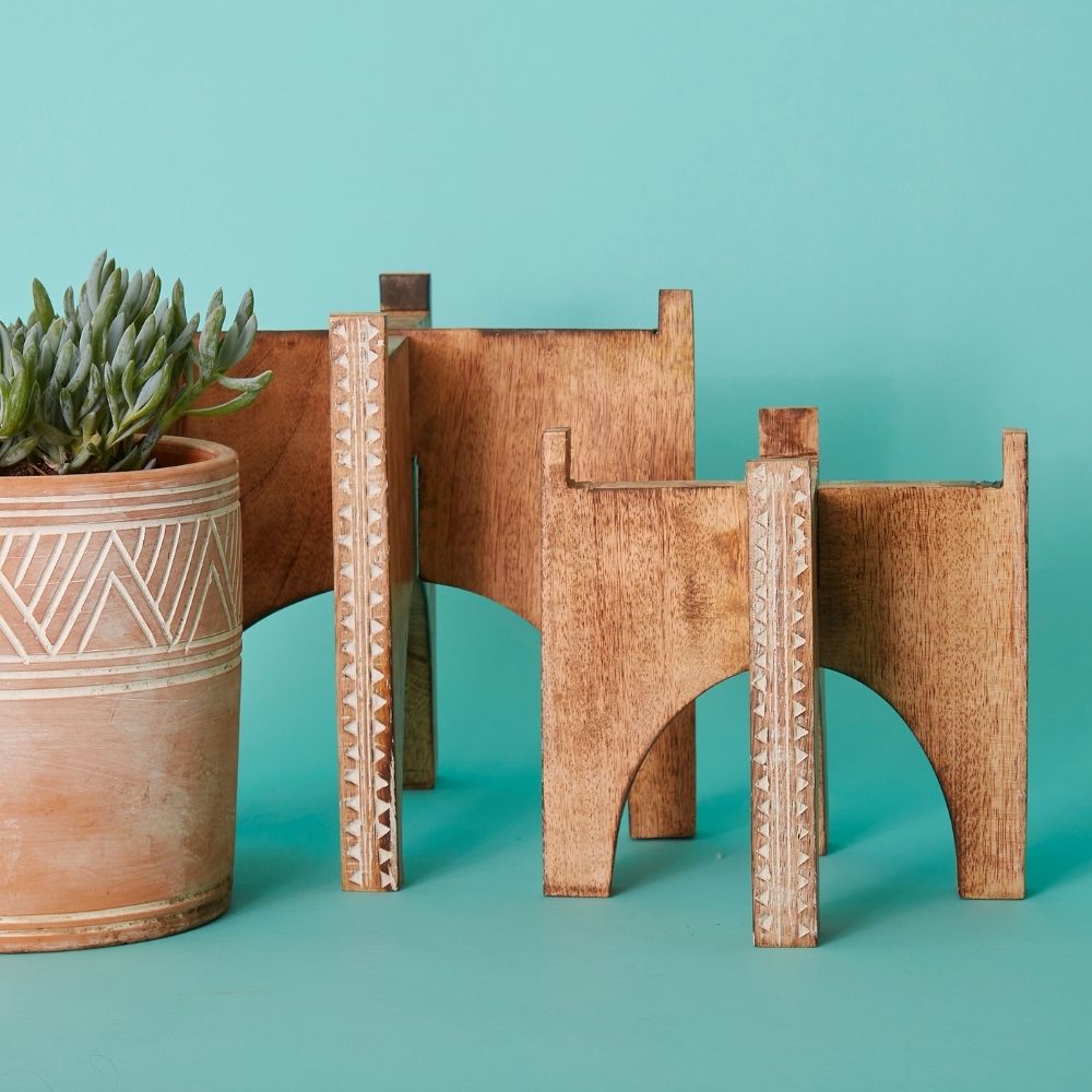 Etched Wood Plant Stand Set