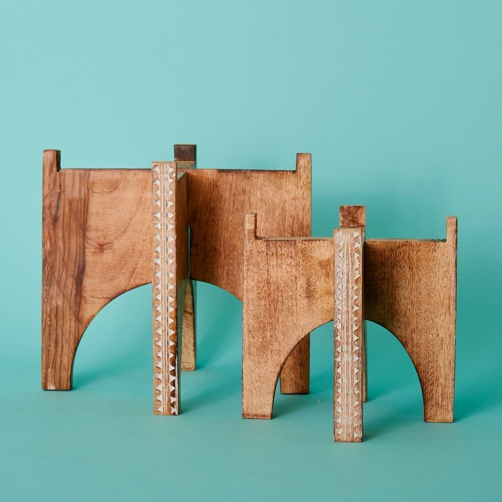 Etched Wood Plant Stand Set