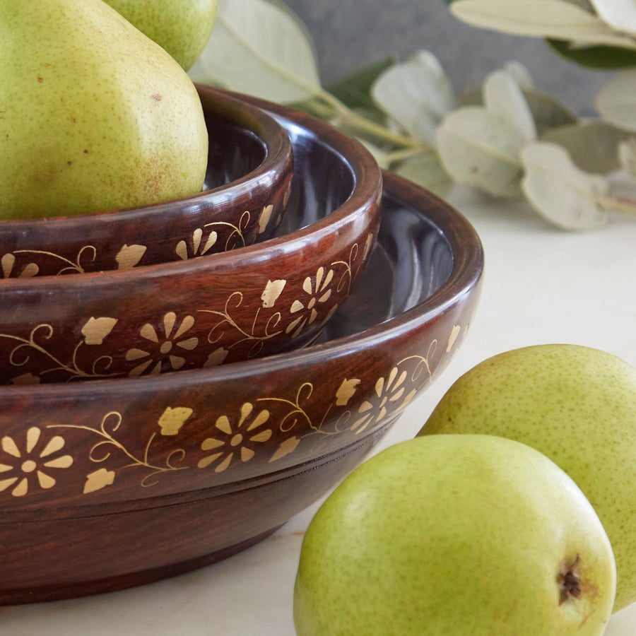 12 inch Brass Inlay Wood Serving Bowl Set