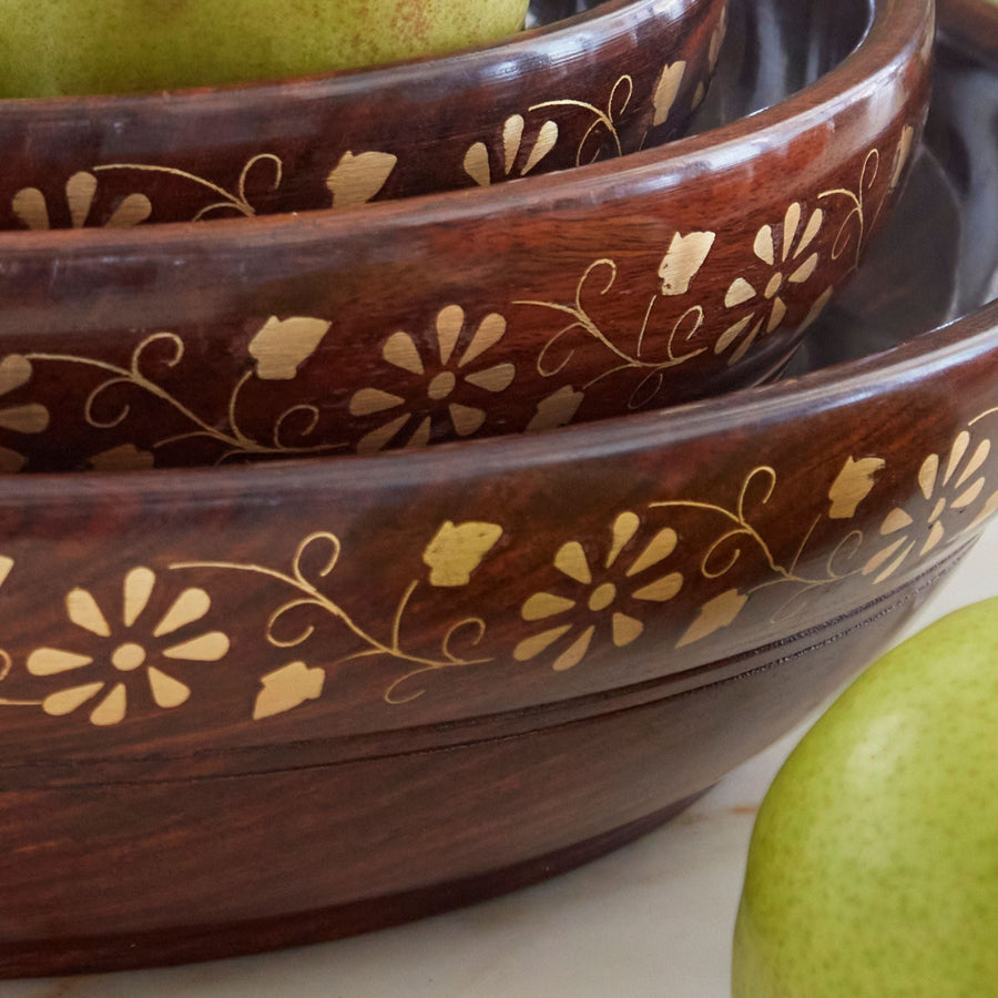 12 inch Brass Inlay Wood Serving Bowl Set