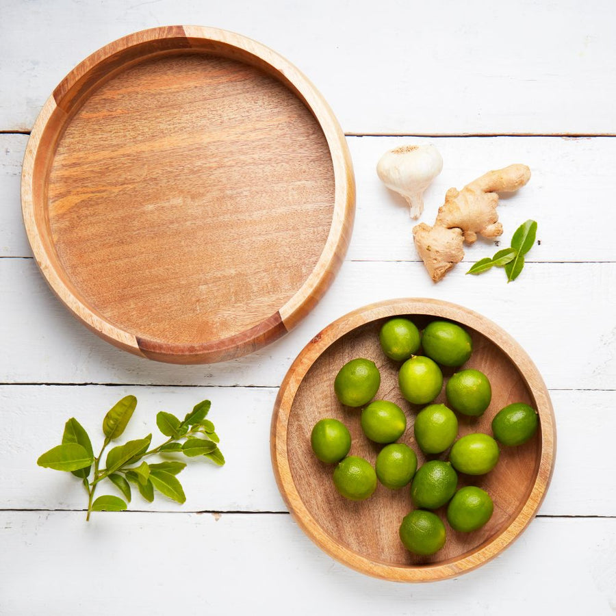 Large Wood Serving Platter Shallow Bowl Set