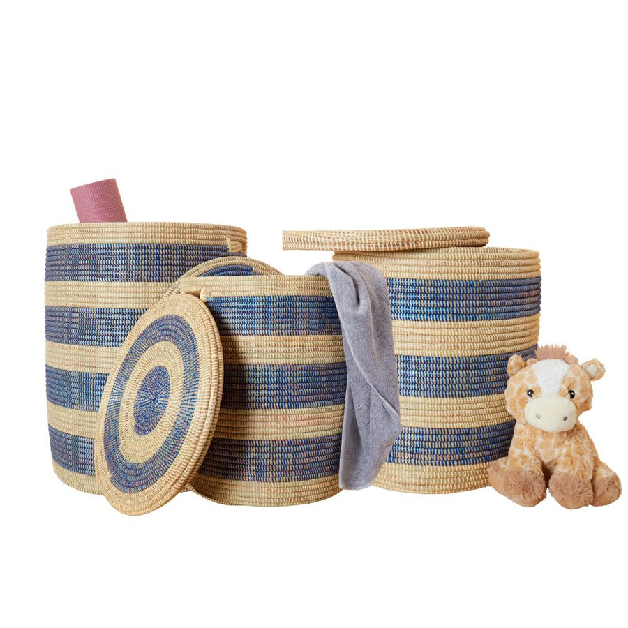 Blue Stripe Flat Lid Storage Basket Set of 3