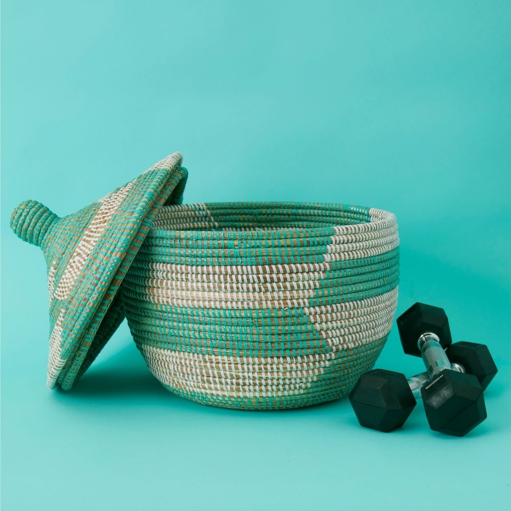 Decorative Wicker Storage for Living Room, Small Shelf Baskets, African Woven, Hood Lid, Turquoise White