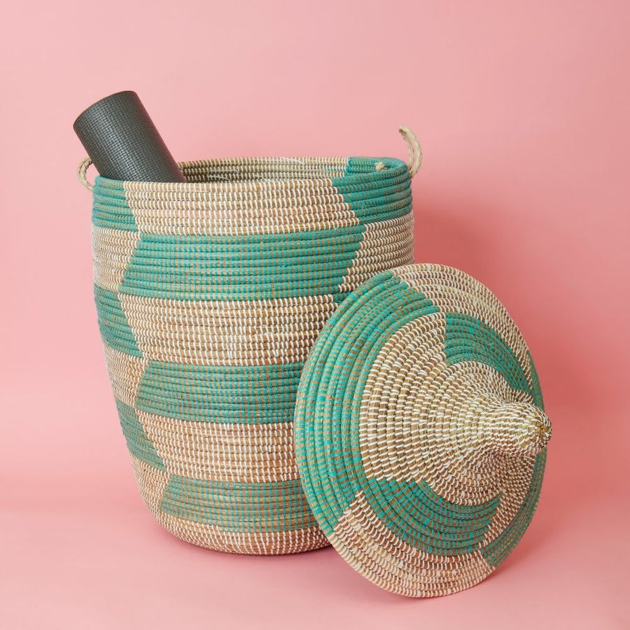 Decorative Wicker Basket with Lid & Handles, Laundry Hamper, Blanket Storage, Toy Bin, African Woven, Hood Lid, Turquoise White, Large Size
