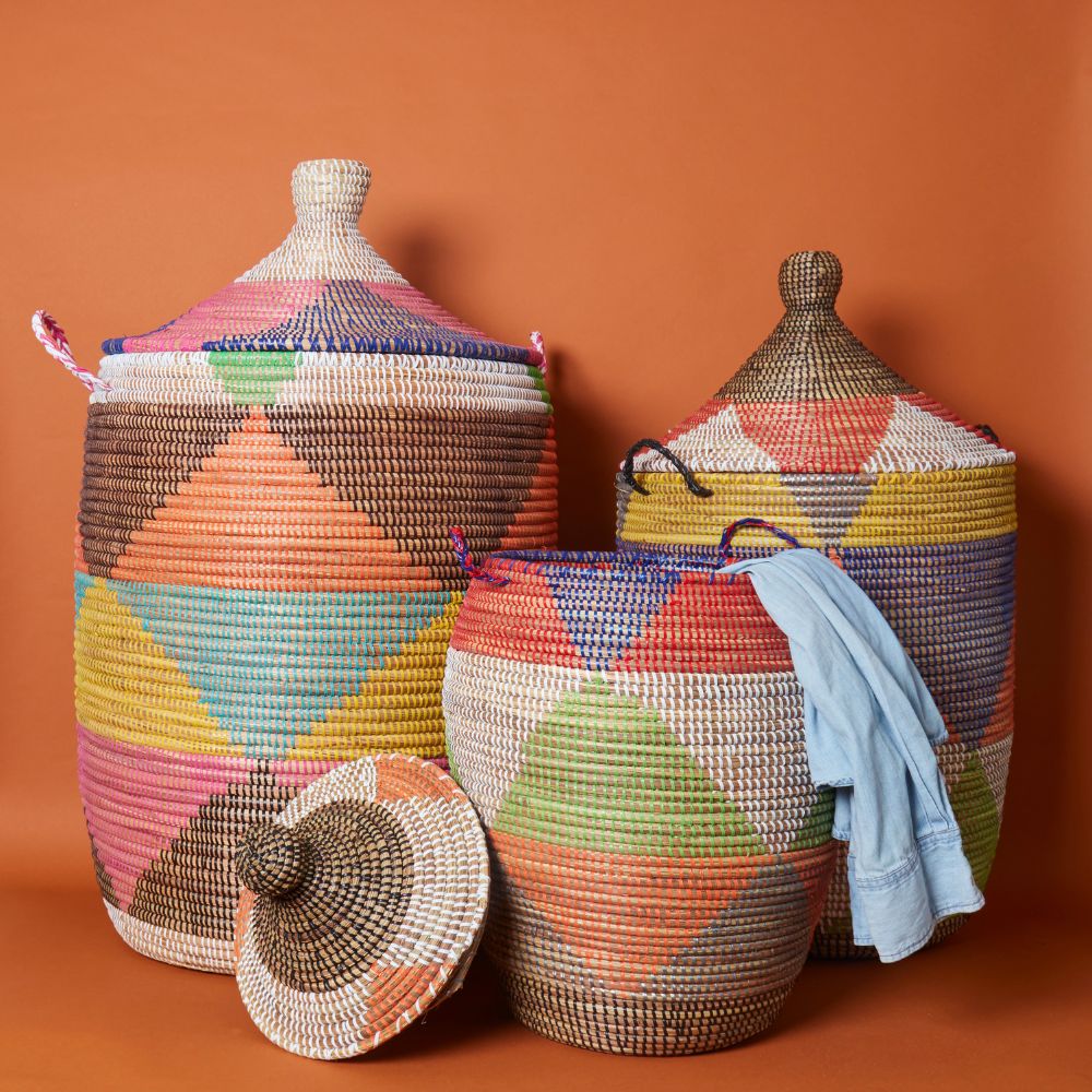 Colorful Triangles Hooded Lid Storage Basket Set of 3