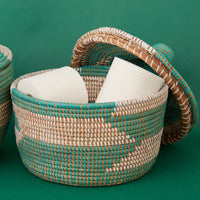 Small Storage Basket Bowl Set Turquoise Blue Hooded Lid