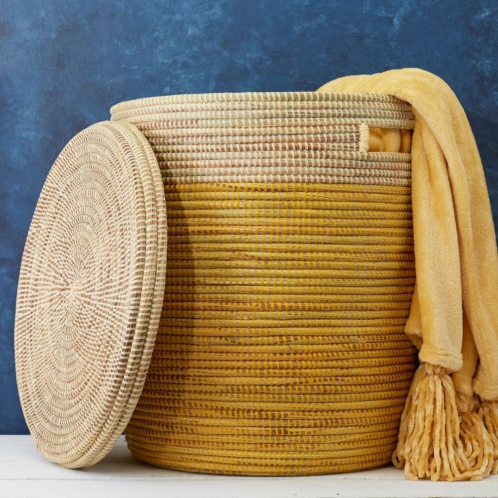 Small / Medium Storage Basket Yellow Beige Flat Lid