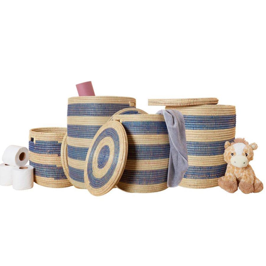 Blue Stripe Flat Lid Storage Basket Set of 4