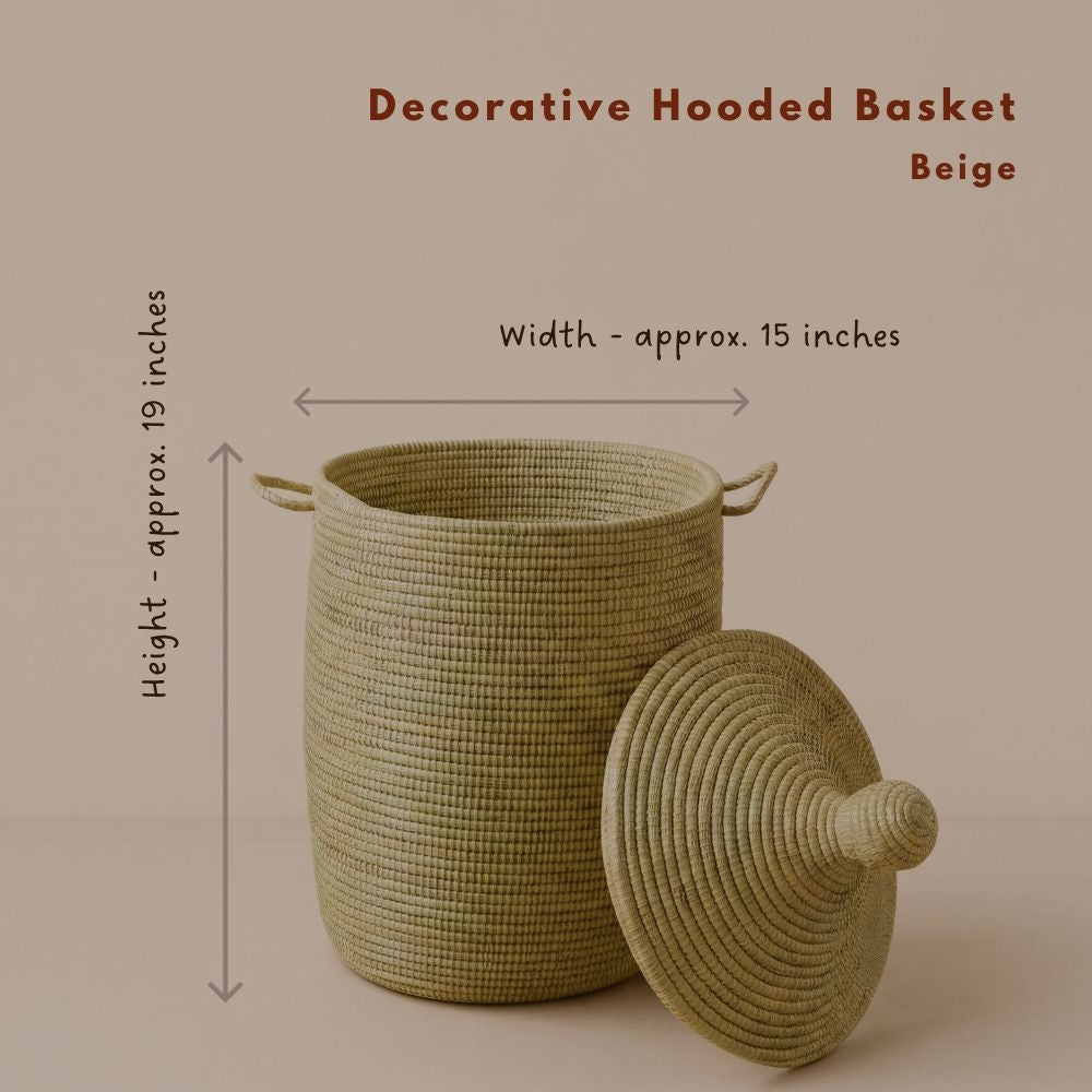 Decorative African Basket with Lid and Handles, 15" Wide, 19" Tall