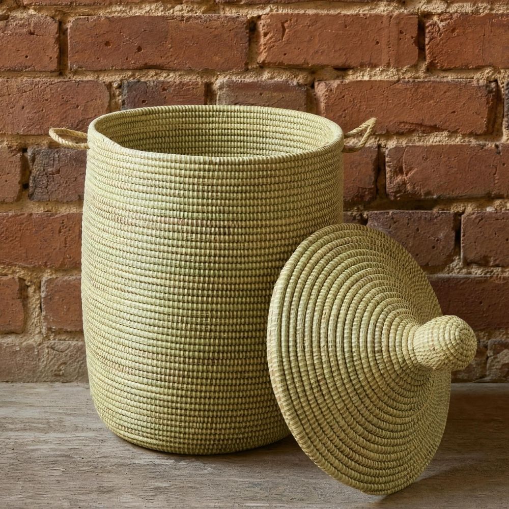 Decorative African Basket with Lid and Handles, 15" Wide, 19" Tall