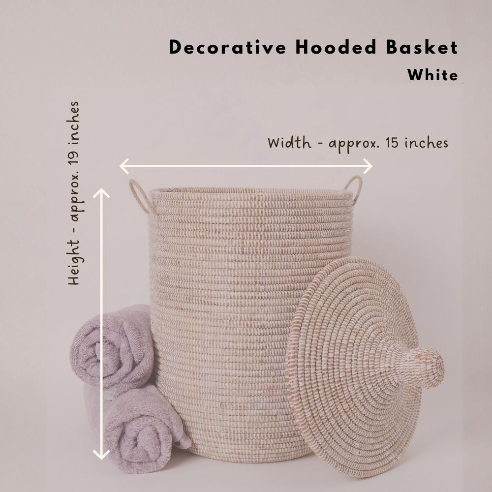 Decorative African Basket with Lid and Handles, 15" Wide, 19" Tall