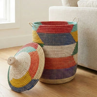 Decorative African Basket with Lid and Handles, 15" Wide, 19" Tall