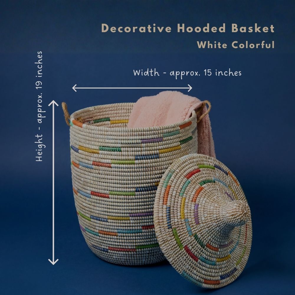 Decorative African Basket with Lid and Handles, 15" Wide, 19" Tall