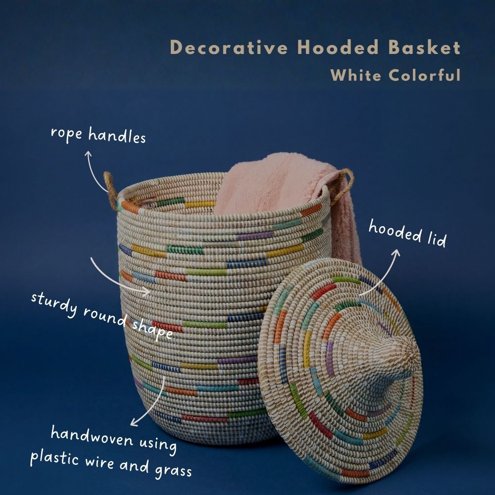 Decorative African Basket with Lid and Handles, 15" Wide, 19" Tall