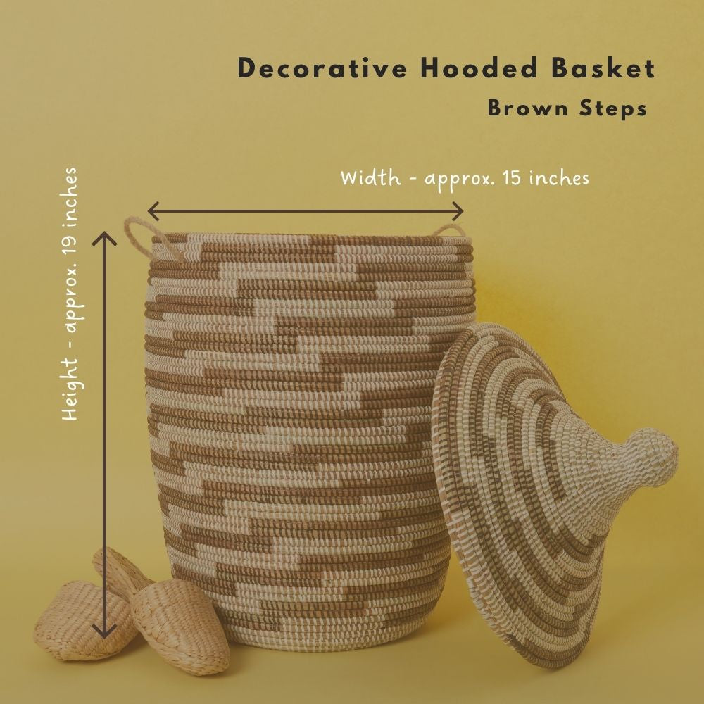 Decorative African Basket with Lid and Handles, 15" Wide, 19" Tall