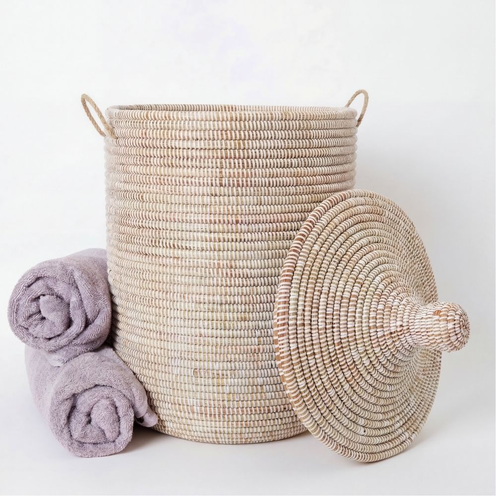 Decorative African Basket with Lid and Handles, 15" Wide, 19" Tall