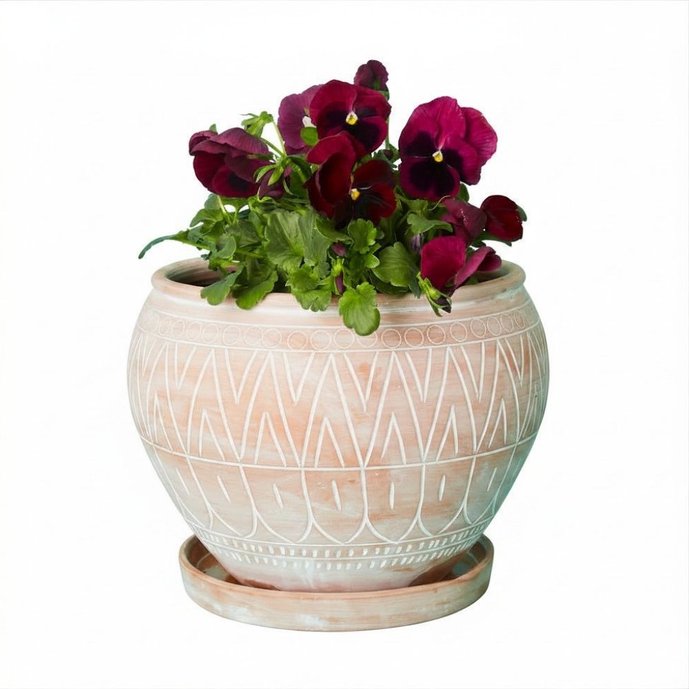 Indoor Outdoor Terracotta Belly Pots with Saucers, Rangoli Patterns