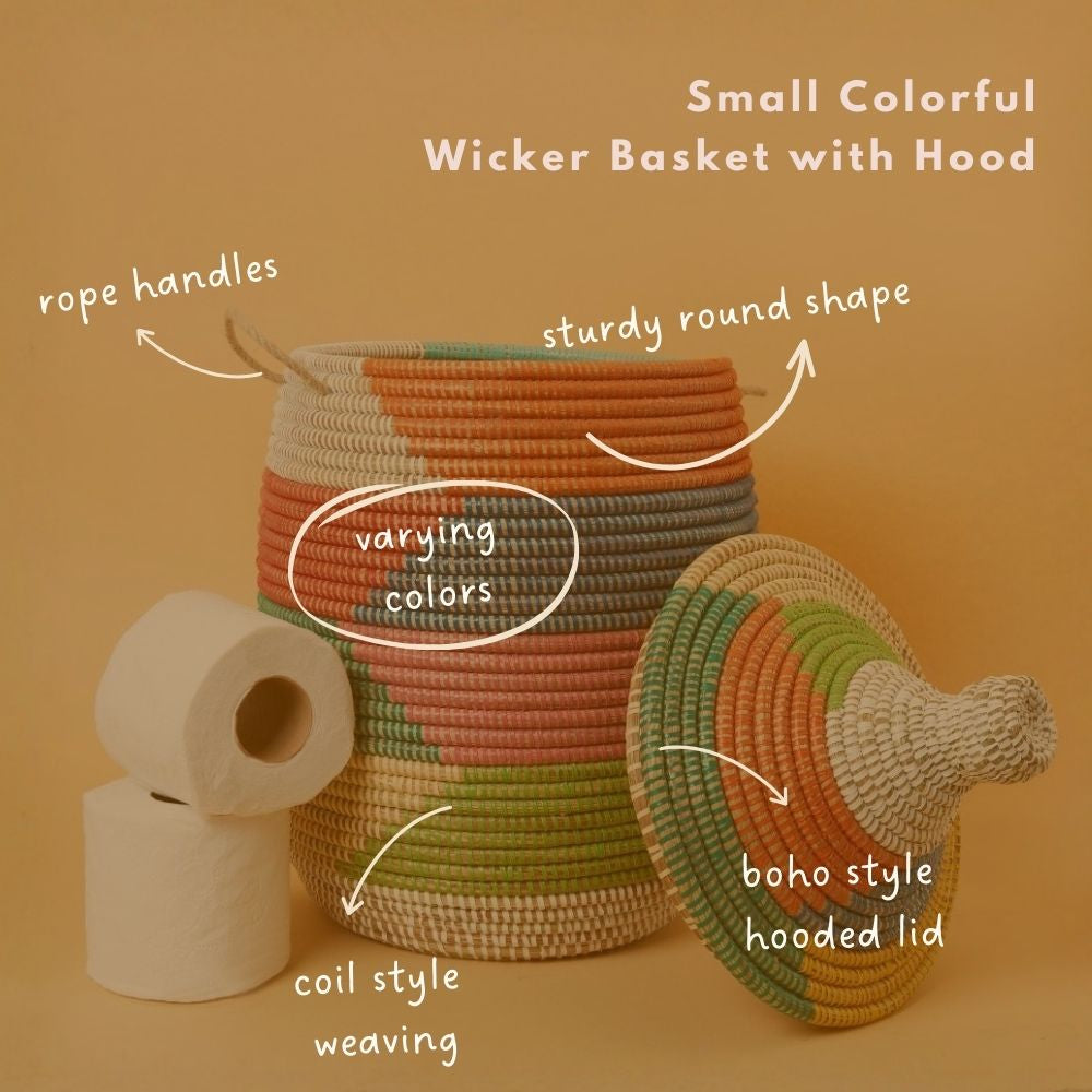 Small Decorative Wicker Basket with Hood Lid, 12" Wide, 14" Tall